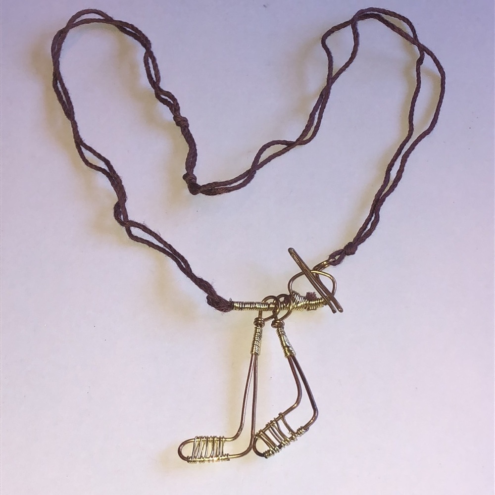 Wire Hockey Stick Brown Cord Boho Necklace - Picture 2 of 7